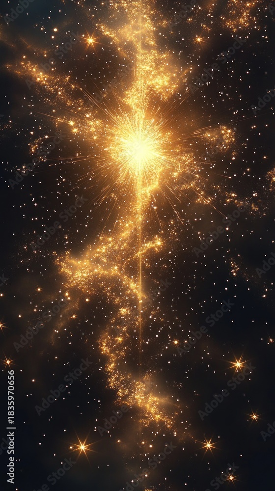 Naklejka premium Bright golden explosion in deep space surrounded by scattered shiny stars and glowing cosmic dust creating a dazzling celestial display