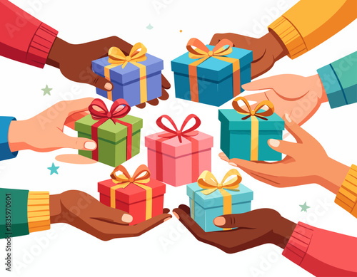 Diverse hands holding and offering colorful gift boxes with ribbons and bows, representing giving, sharing, and celebration.
