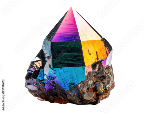 Iridescent crystal structure with a sharp point and colorful surface