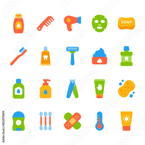 Daily Personal Hygiene and Beauty Care Icon Set: Bathroom, Health, and Self-Care Products and Tools in Flat Design Style