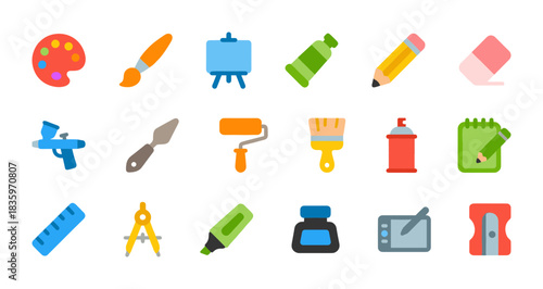 Artistic Tools and Supplies Icon Set: Painting, Drawing, and Crafting Equipment in Modern Flat Design Style