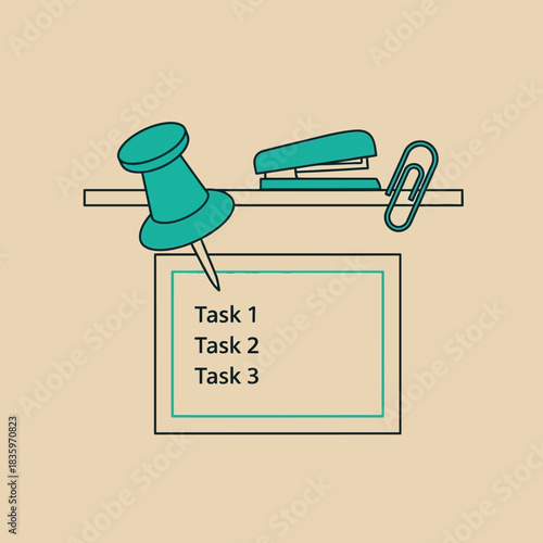 Task Management Board with Pushpin, Stapler, and Paperclip Illustration.