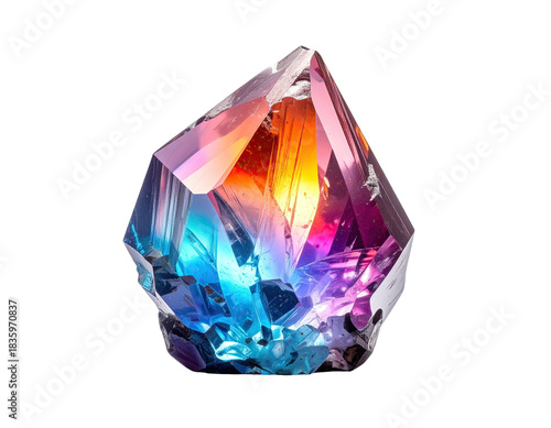 Close-up of a faceted, rainbow-hued mineral crystal, exhibiting vibrant color gradients