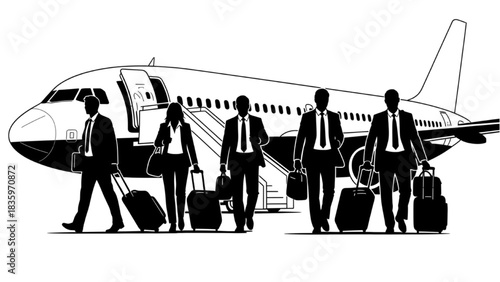 High-quality black silhouette line art of a group of business travelers boarding a plane together with suitcases, corporate travel, airport departure scene