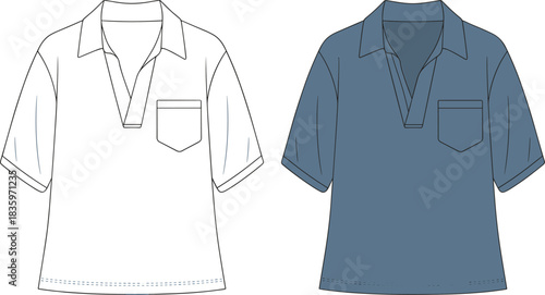 Men’s casual short sleeve collar shirt flat sketch with chest pocket, fashion vector apparel design template for garment illustration