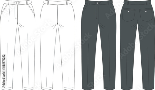 Men’s formal trousers technical flat sketch front and back view, vector apparel design for fashion illustration and garment template
