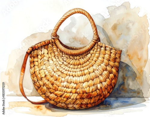 Woven handbag on painted background, watercolor style