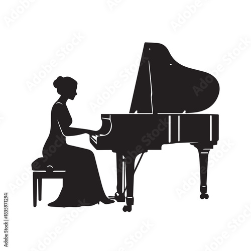 Silhouette of a woman playing the grand piano. Female pianist performing classical music at a concert or recital. Isolated vector illustration.
