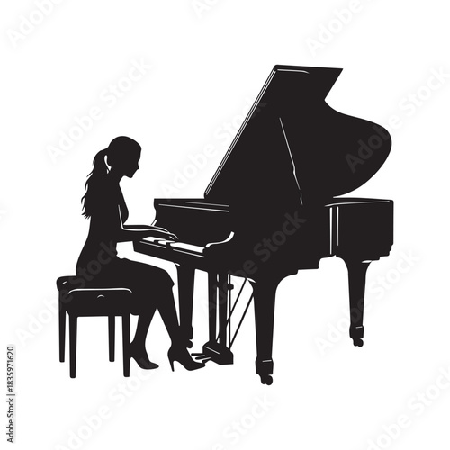 Silhouette of a woman playing the grand piano. Female pianist performing classical music at a concert or recital. Isolated vector illustration.
