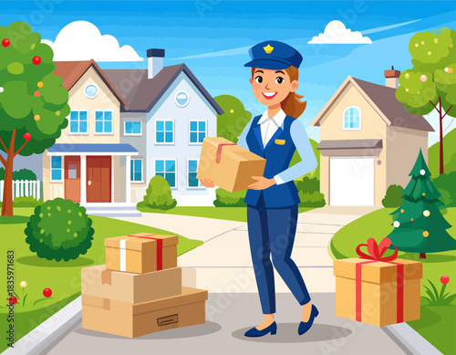 A smiling female postal worker in uniform delivers packages on a sunny suburban street with houses and green trees.
