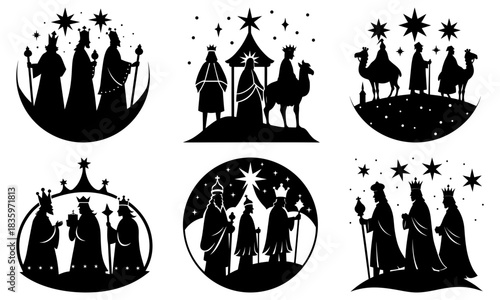 Silhouetted depictions of the three wise men with stars and camels in various oval shapes and scenes