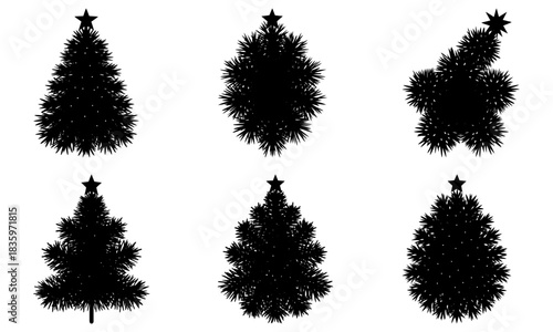 Collection of six stylized christmas tree silhouettes with star toppers in varying shapes and sizes