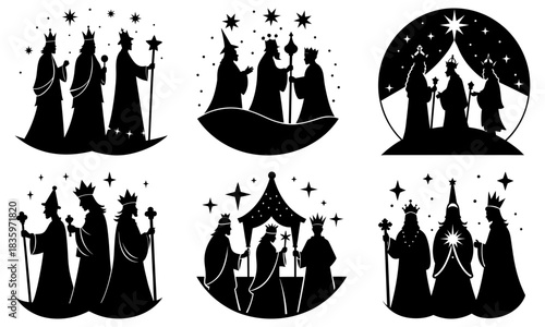 Silhouettes of three wise men with crowns and stars in various compositions on a white background
