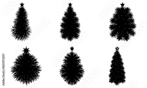 Silhouettes of six christmas trees with star toppers in varying shapes and sizes on a white background