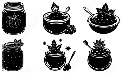 Illustrations of jars and bowls filled with fruit and jam with leaves and spoons in black and white