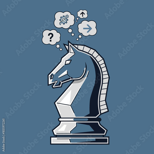 Chess Knight Thinking with Question Mark and Arrows Above Head.