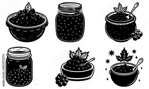 Various containers filled with dark berries and garnished with leaves in monochrome style image