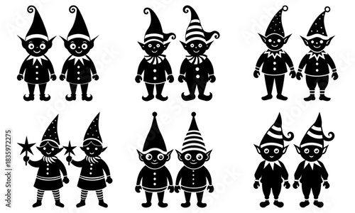 Silhouette illustration of christmas elves in various poses and hat designs standing in pairs together in black