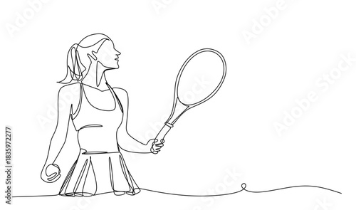 Continuous vector line art of woman playing padel or tennis with racket, female padel player art icon