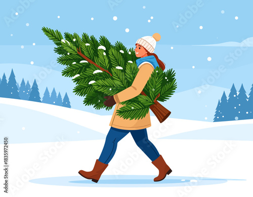 Woman carrying a freshly cut Christmas tree through a snowy winter landscape, with snow falling and evergreen trees in the background.