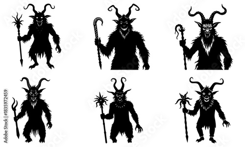 Silhouetted depictions of horned, demonic figures holding staffs in various poses and expressions