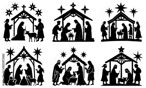 Silhouette illustrations of nativity scenes featuring mary joseph and wisemen in stable settings