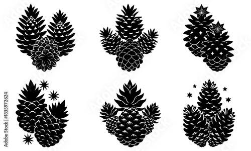Collection of six stylized black pinecone arrangements in varying compositions and orientations design vector