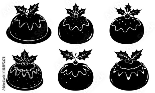 Six christmas puddings with holly and berries in black and white silhouette illustration design art