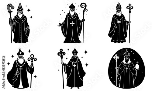 Illustrations of st nicholas figures in robes and mitres holding crosiers and stars in black and white