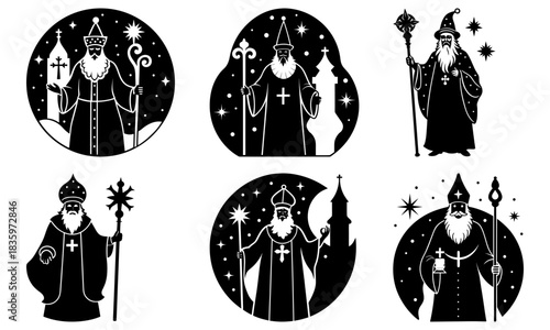Illustrations of saint nicholas figures with staffs and churches in black and white vector format