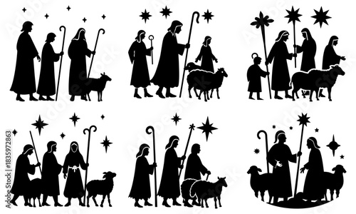 Silhouettes of shepherds with sheep and stars in various arrangements and groupings shown in black