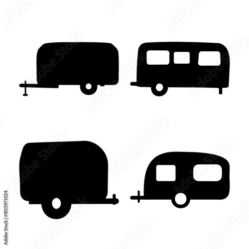 Trailer and camper silhouettes on white background icons