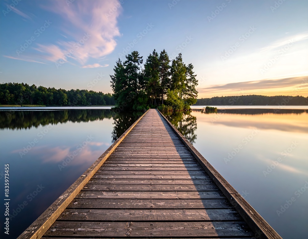 Naklejka premium Wooden dock leads to a small island with trees at sunset