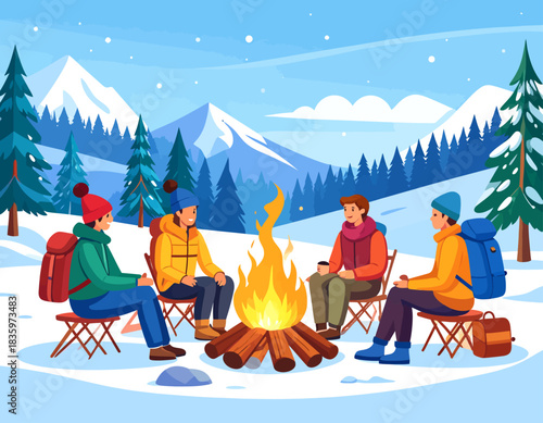 Four friends are sitting around a warm campfire in a snowy mountain landscape, enjoying the winter scenery.