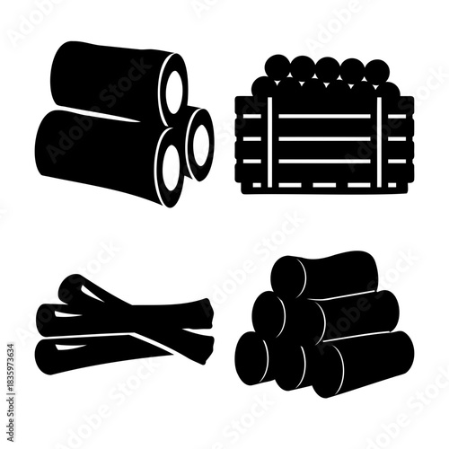 Stacked wood logs, cut lumber, and timber crate vector icon.