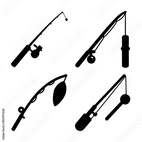 Sport fishing rods and tackle silhouettes vector collection