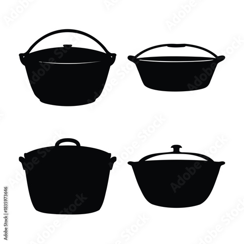 Cooking pot and cauldron silhouettes kitchenware icons set