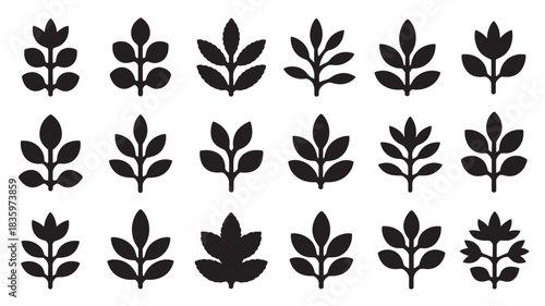 Set of minimalist leaf icons simple flat vector design elements isolated on white background for nature and botanical concepts