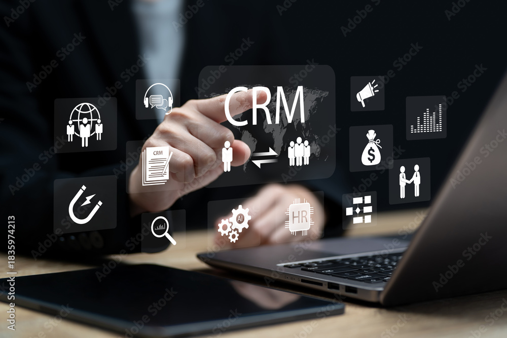 Fototapeta premium CRM with Automation Concept, Businesswomen use AI-Driven CRM Automation for Business Intelligence Dashboard for Customer Relationship Management, Data Analytics, Sales,Engagement, HR Automation System