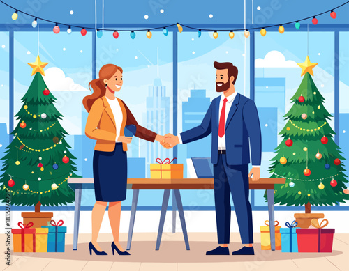 Two business people shake hands in an office decorated for Christmas with trees, gifts, and holiday lights.