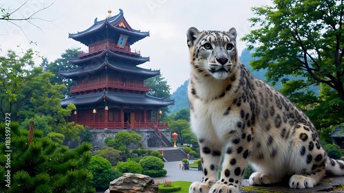 Snow leopard near traditional pagoda