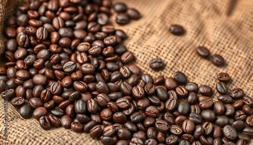Dark roasted coffee beans scattered on burlap sack,  energy, coffee beans