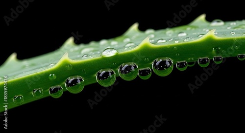 Macro close-up of fresh green aloe vera leaf with sparkling water droplets on a dark background