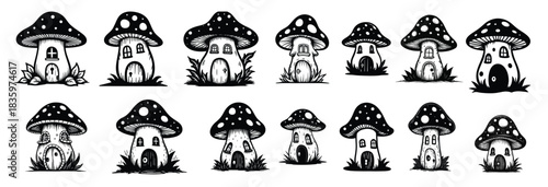 Black and white mushroom houses with doors and windows