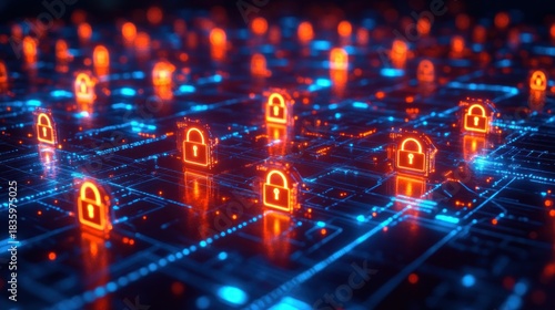 Wallpaper Mural Glowing orange padlocks connected by blue digital circuitry representing network security and data protection in a futuristic environment Torontodigital.ca