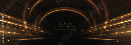 Elegant golden circle glowing with lighting effect sparkle on black background. Template premium award design.
