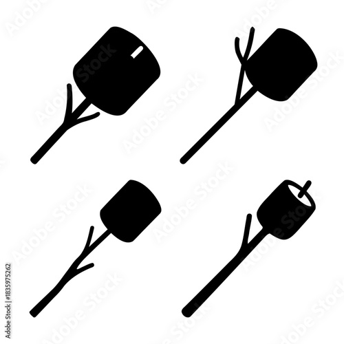Marshmallow on a stick icons set for camping and bonfire treats