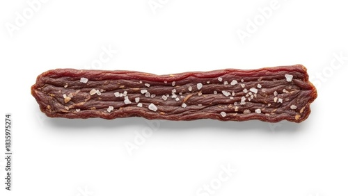 Delicious Beef Jerky Stick with Salt Flakes Isolated on White Background.