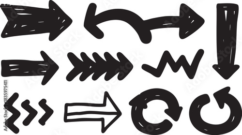 Hand-Drawn Grunge Arrow & Swirl Set: Black Sketch Doodle Design Elements