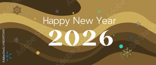 happy new year 2026 with abstract golden waves and scattered snowflakes design